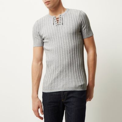 Grey ribbed lace-up slim fit jumper